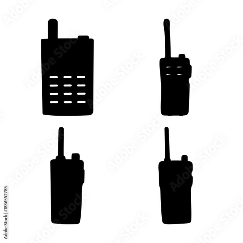 Four diverse black silhouettes of walkie-talkie communication devices