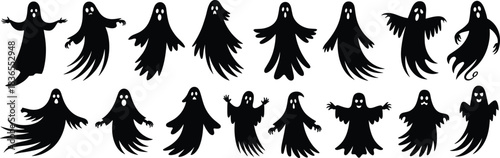 Ghost silhouette set, spooky icons, Halloween shapes, black figures, expressive ghosts, scary poses, supernatural theme, haunted design, cartoon spirits