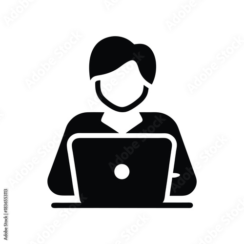 Minimalist black and white silhouette shows a person having a sudden idea near the laptop