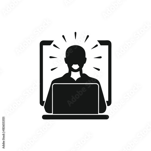Silhouette man works on laptop computer with modern design on table