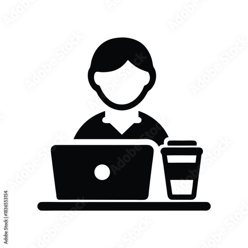 Silhouette professional works on laptop beside business briefcase, showcasing modern minimalistic art