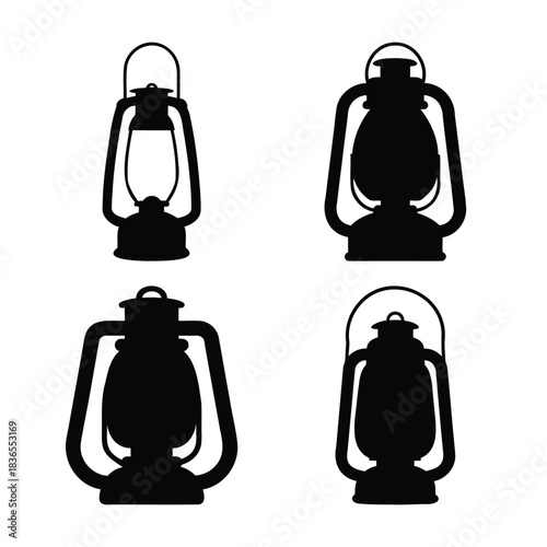 Vintage oil lamp silhouette set for retro design projects