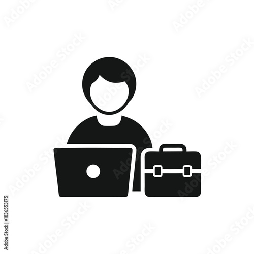 Person works on the laptop with coffee, it is a simple black icon