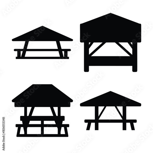 Four distinct black silhouette icons of outdoor picnic shelters.