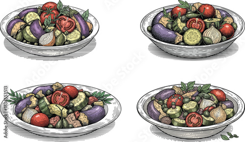 Mediterranean Roasted Vegetable Bowl Illustration Set with Eggplant Zucchini Tomatoes Onions Herbs Rustic Colorful Food Artwork