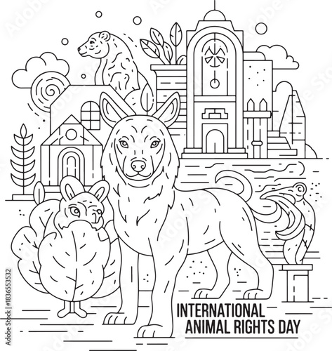 Celebrating international animal rights day with a heartwarming illustration of a dog and chicken surrounded by nature and buildings, Generative Ai