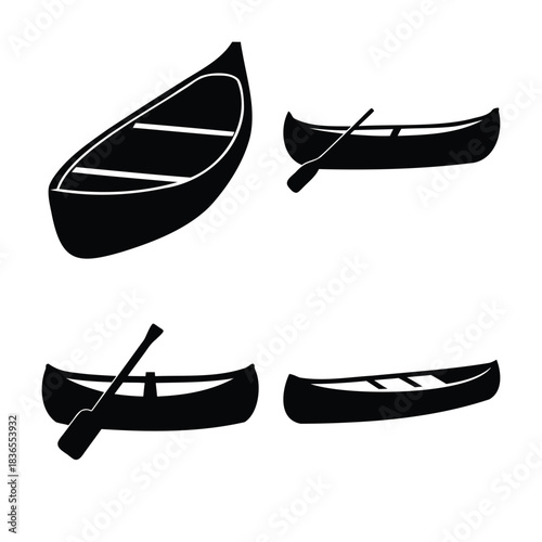 Various canoe boat silhouettes with paddles, vector art set
