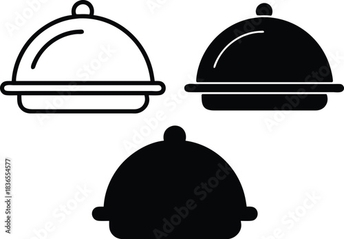 Restaurant Silver Platter Icon For Serving Hot Food Outline And Solid Black Kitchen Utensil Vector Silhouette and Pictogram.eps