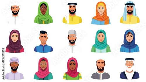 Muslim People Avatars Set. Vector Flat Illustration of Islamic Men and Women Characters in Traditional Clothing