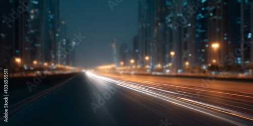 City street at night with a car driving down the road