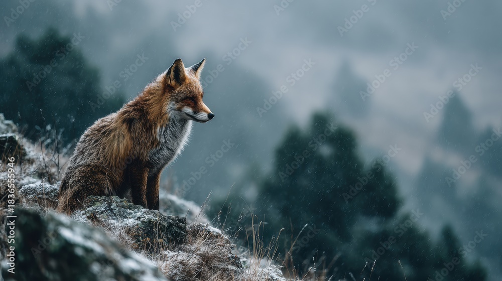 Naklejka premium Fox Overlooks Snowy Hills, Embodying Transformation Spirit From Shinto Myth While Snow Gently Falls Over the Landscape in Winter Setting