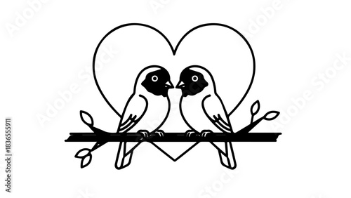 Two lovebirds perched together on a branch with heart shapes overhead, symbolizing affection and companionship.