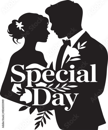 Black silhouette of bride and groom with special day text and floral accents wedding couple