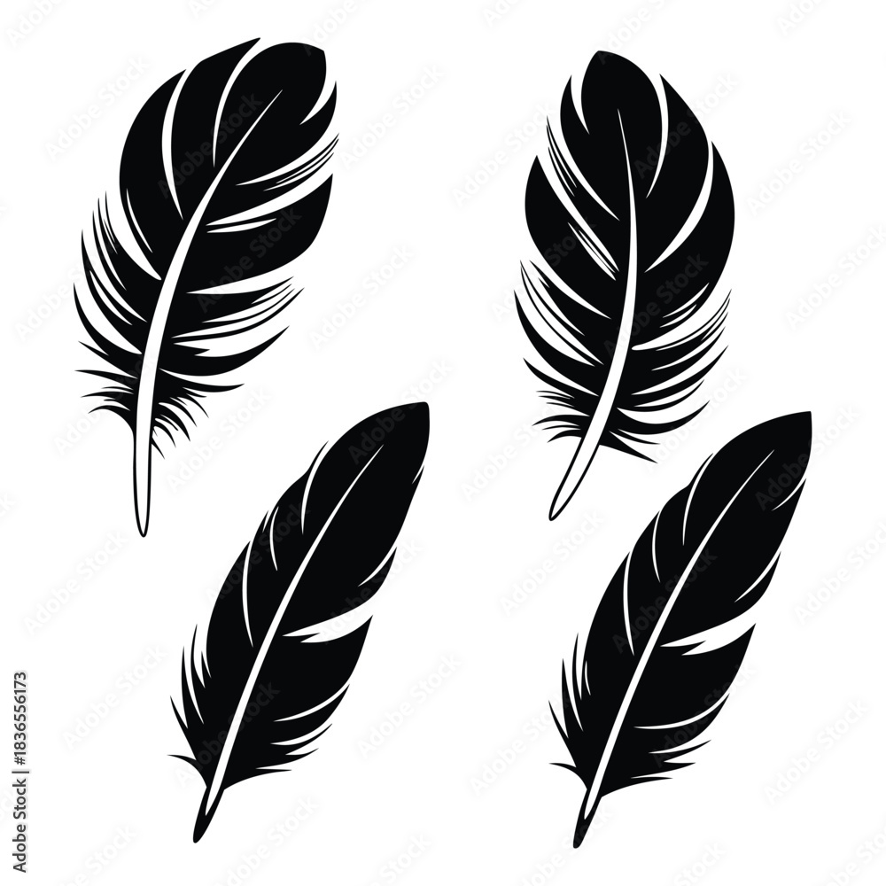 Fototapeta premium Simple black feather shapes are isolated on a white background in this vector