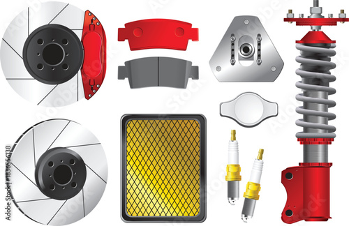 Automotive Performance Parts on White Background car parts