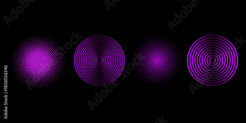 Sound pulsation circles set. Vector illustration of purple radio waves isolated on black background.