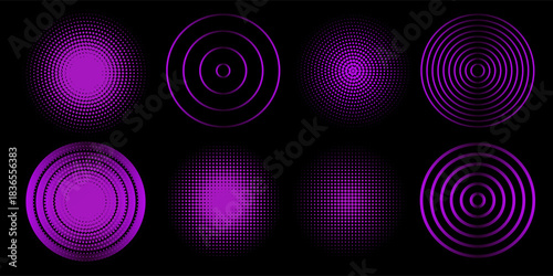 Sound pulsation circles set. Vector illustration of purple radio waves isolated on black background.
