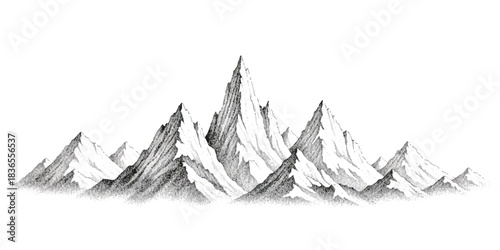Hand-drawn mountain range peaks. detailed stippling illustration on white