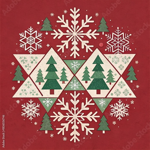 Red White and Green Geometric Design Made up of Christmas Trees and Snowflakes - Christmas Card Background Wrapping Paper