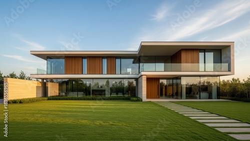 Stunning modern house with luxury design and manicured lawn in summer