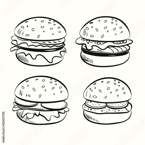 Outlined burgers show four different variations with sesame buns and different toppings