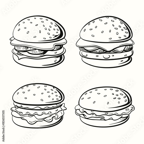 Four outline drawings featuring classic hamburgers on white showcase varied fillings and seeded buns for appeal