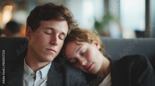 Free Download Young couple sleeping on a couch. the man is on the left side of the image, with his eyes closed and his head resting on the armrest of the couch. he is wearing a grey blazer and a white shirt. - GFXLoad