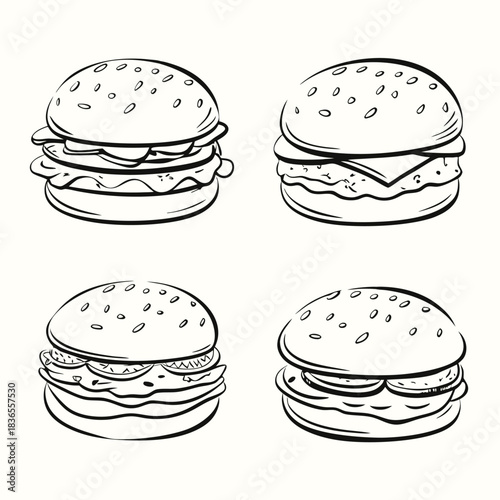 Four monochrome burgers each showcase varying arrangements of cheese, lettuce, tomato, and sesame seed buns