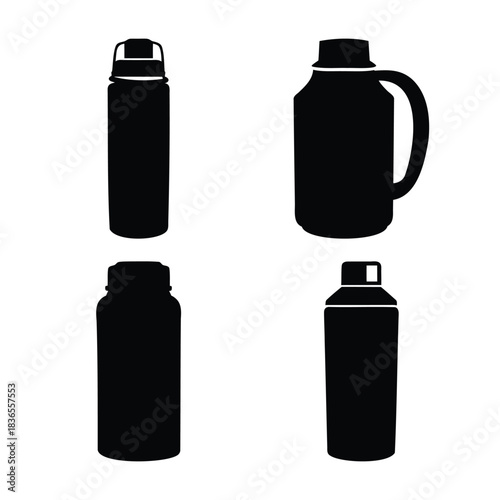 Black silhouette set of insulated bottles, shakers, and jugs