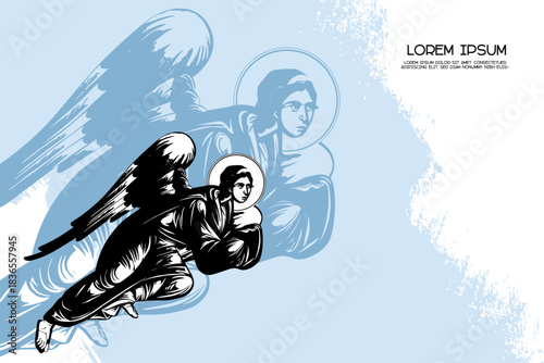 Religious vintage poster template with an angel. Christian illustration in Byzantine style