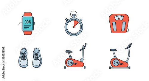 Collection of six colorful fitness icons including a smartwatch, stopwatch, scale, sneakers, and exercise bikes for a healthy lifestyle.