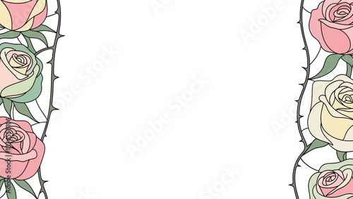 Elegant stained glass rose frame with pastel colors and thorny vine details creating a delicate