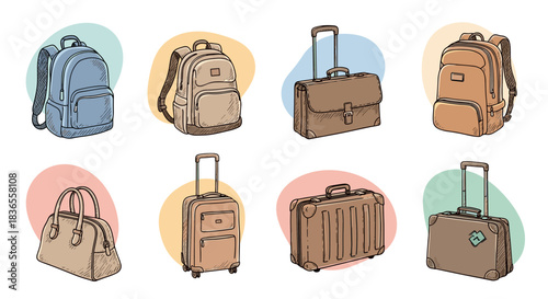 Hand-drawn collection of various travel bags and luggage, including backpacks, briefcases, and wheeled suitcases for vacation and business trips.