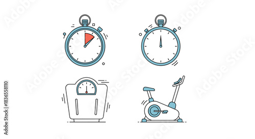 Set of four fitness and workout icons in a minimalist line art style, featuring a stopwatch, scale, and stationary exercise bike.