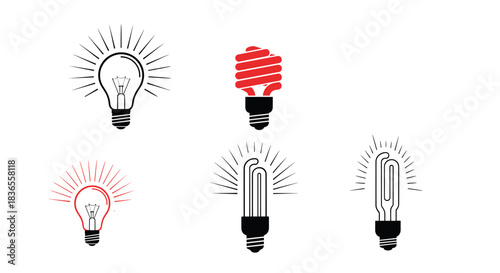 Set of five stylish light bulb icons in black and red, showing different types of lamps to represent ideas and energy concepts.
