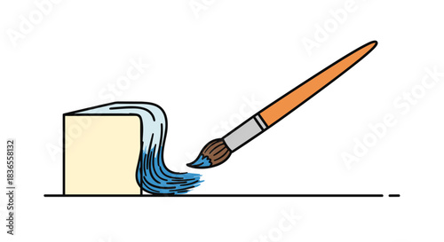 Simple cartoon illustration of a paintbrush with a wooden handle applying a stroke of blue paint to a surface on a white background.
