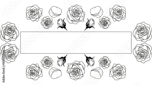 Elegant floral frame with roses and buds on a white background for invitations