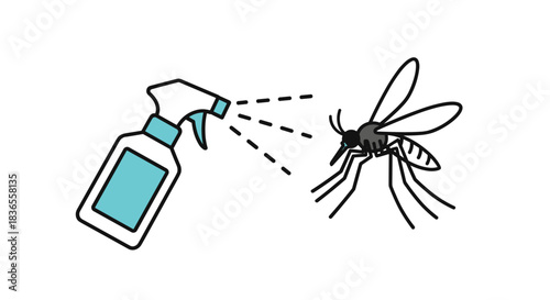 Illustration of a mosquito insect being sprayed with repellent from a spray bottle, representing pest control and prevention.