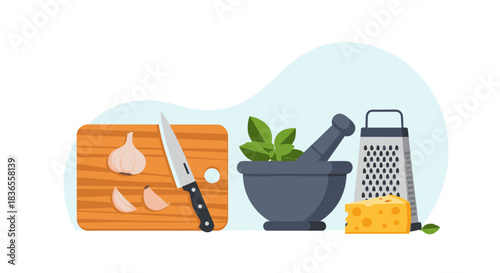 Italian cooking ingredients and tools for making pesto, including basil in a mortar, garlic, cheese, a grater, and a knife.