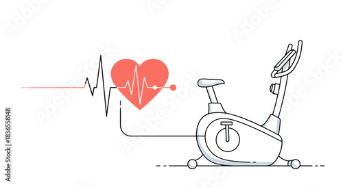 Health and fitness concept with an exercise bike connected to a heart and EKG line, symbolizing cardiovascular workout and health.