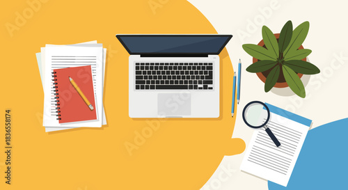 Top-down view of a modern creative workspace with a laptop, notebook, plant, and research documents on a colorful background.