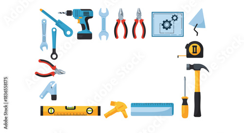 Rectangular frame made from a variety of construction and repair tools with empty copy space in the middle for workshop-themed text.