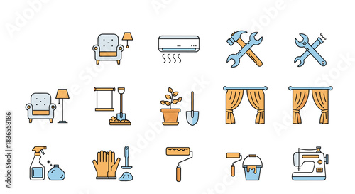 Colorful icon set for household chores and DIY projects, including furniture, tools, cleaning, and gardening supplies in line art style.