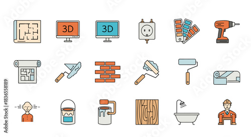 Home renovation and interior design icon set in a colorful line art style, featuring tools, materials, and furniture items.