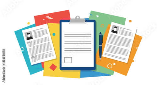 Human resources and recruitment concept showing a clipboard, pen, and resumes on a background of colorful abstract shapes and papers.