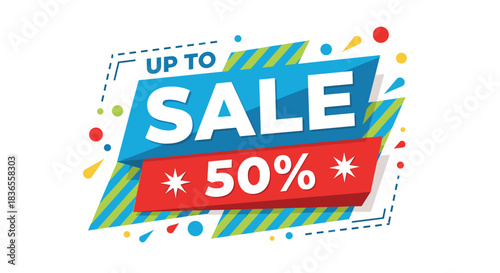 Dynamic and colorful sale banner design with a geometric style, advertising a special offer of up to fifty percent off for promotion.