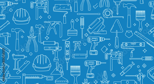 Seamless pattern background of white line art construction and repair tools on a blue blueprint-style surface for wallpaper or fabric.