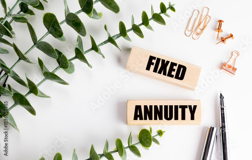 Text fixed annuity written on wooden blocks with green leaves, pens and office supplies on white background