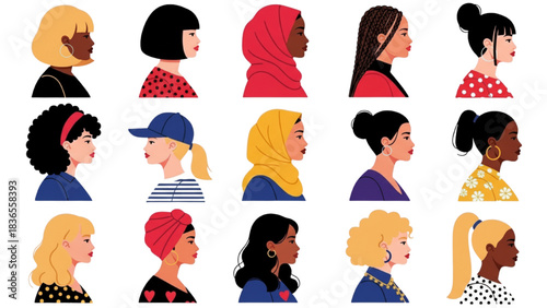 Diverse female heads side view vector avatars set, multiethnic women profile icons collection