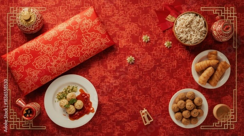 Overhead shot of chinese new year treats and decorations on a red patterned background with gold accents